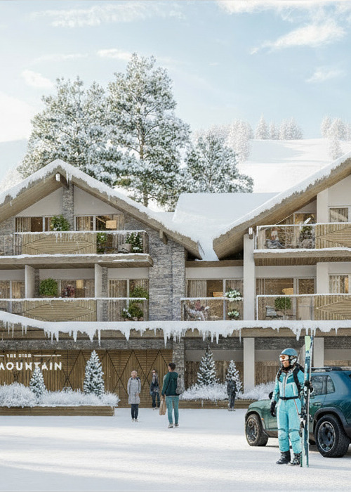 Widok na hotel przykryty śniegiem