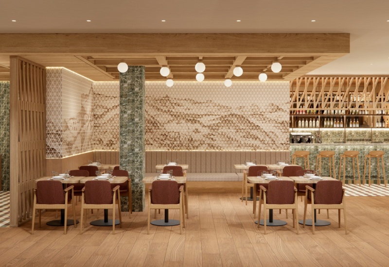 Restauracja hotelowa z wystrojem w jasnym drewnie