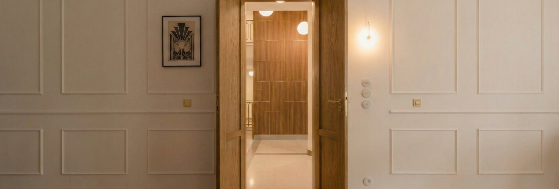 Dwuskrzydłowe drewniane drzwi otwarte do nowoczesnego, jasnego holu z drewnianą ścianą i oświetleniem sufitowym