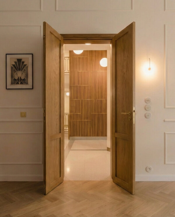 Dwuskrzydłowe drewniane drzwi otwarte do nowoczesnego, jasnego holu z drewnianą ścianą i oświetleniem sufitowym