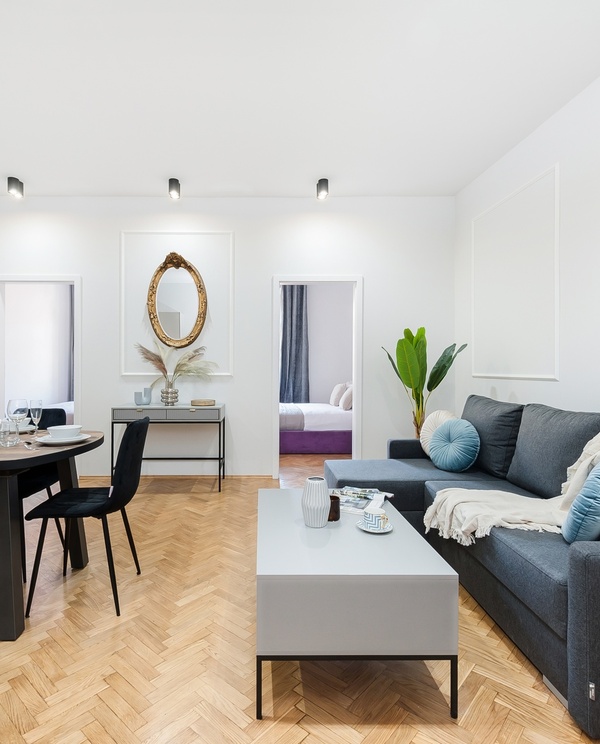 Bright modern living-dining area with set dining table and dark chairs, gray sofa with cushions, decorative oval mirror, plant and parquet floor