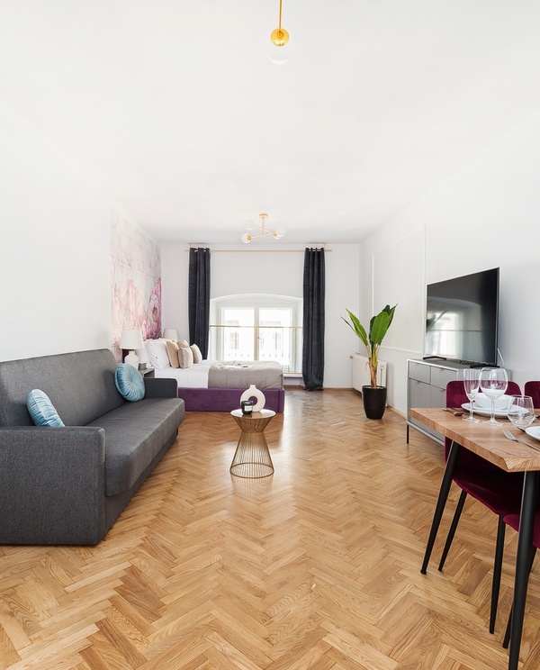 Bright open-plan suite with gray sofa, bed by arched window, set dining table, flat-screen TV, plant and parquet flooring
