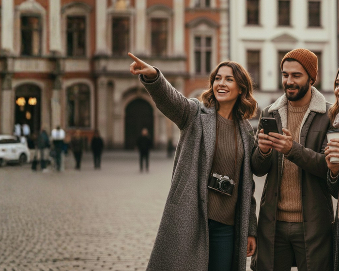 Troje przyjaciół zwiedzających zabytkowy rynek — kobieta wskazuje, aparat na szyi, mężczyzna z telefonem, towarzyszka trzyma kawę, w płaszczach
