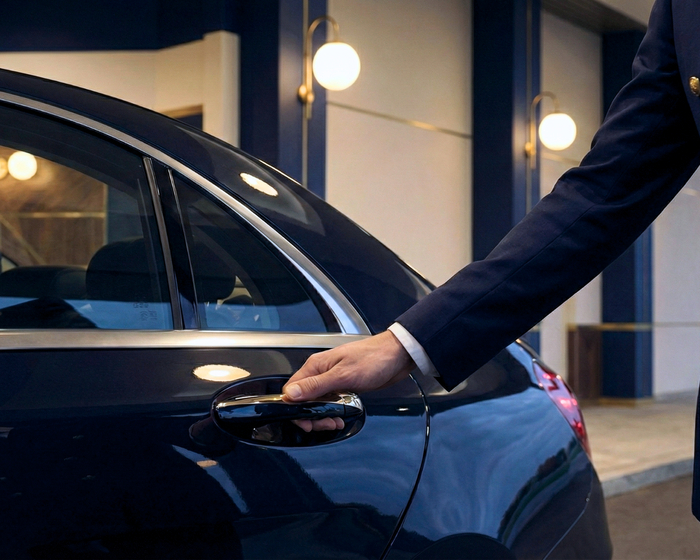 Portier w eleganckim uniformie otwiera tylne drzwi ciemnego luksusowego samochodu przy hotelowym wejściu z ciepłym oświetleniem.