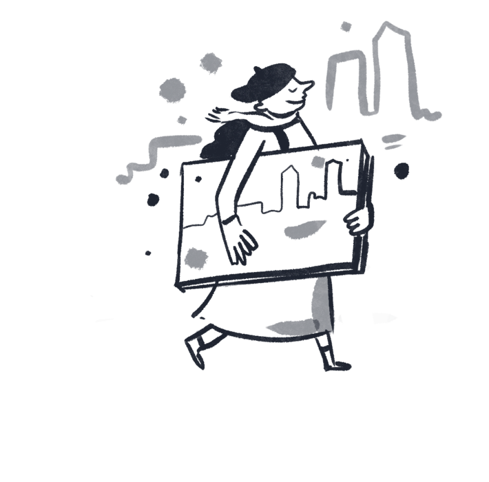 Rysunek kobiety z beretem niosącej obraz z sylwetkami budynków miejskich