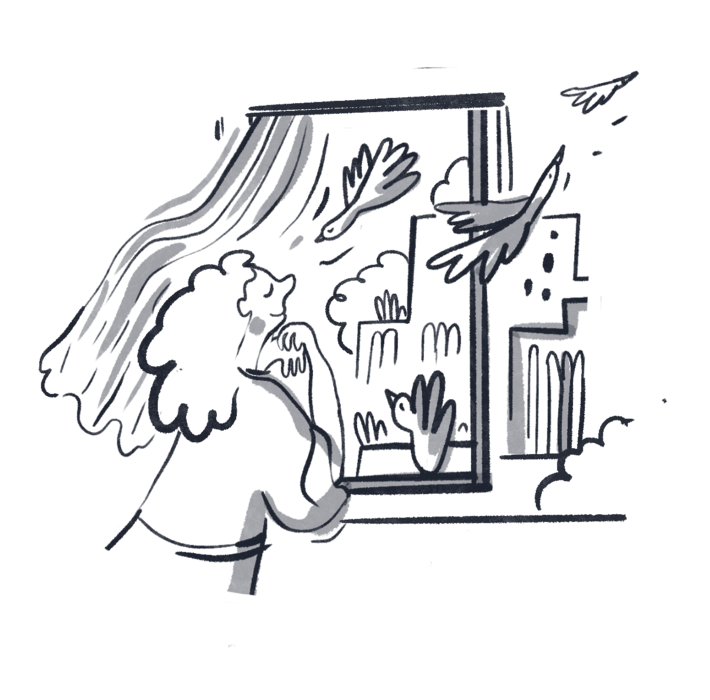 Artystyczna ilustracja osoby patrzącej przez okno na ptaki i drzewa, tworząca spokojną atmosferę relaksu