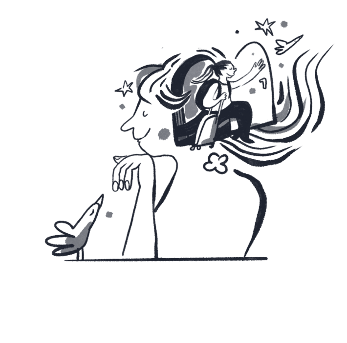 Ilustracja kobiety z otwartą głową, z której wychodzą postać wędrownika i elementy przygody, symbolizujące kreatywność i wyobraźnię.