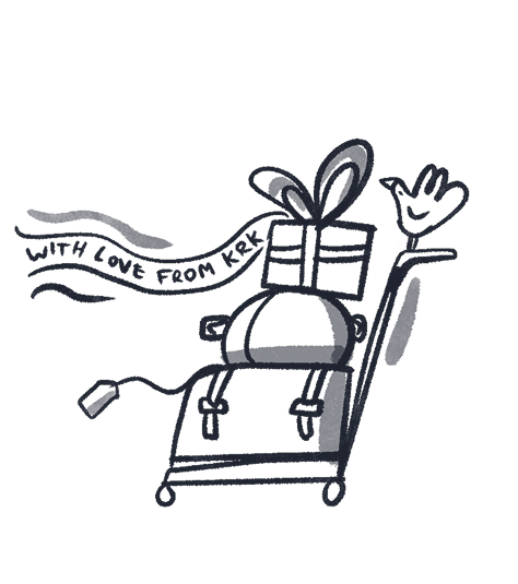 Rysunek walizki z prezentem i ptakiem, symbolizujący gościnność i prezenty od hotelu lub miejsca podróży