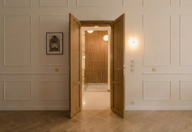 Double wooden doors open to modern, bright lobby with wooden wall and ceiling lighting.
