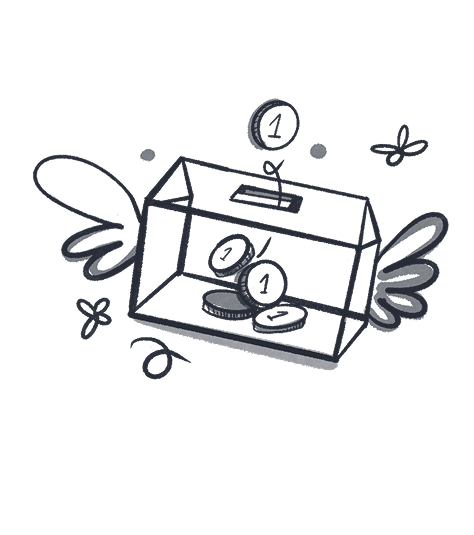 Rysunek przezroczystej skarbonki z monetami i symbolami skrzydeł oraz motyli w tle