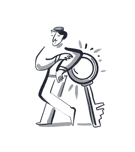 Ilustracja postaci opierającej się o duży klucz z promieniami wokół, symbolizująca dostęp lub klucz do pokoju hotelowego.