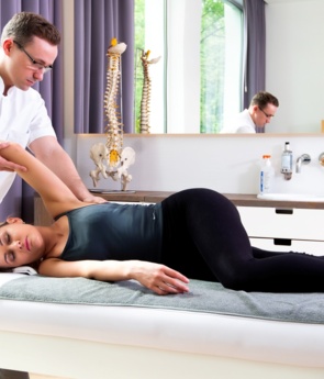 Guest receiving therapeutic shoulder stretch on spa treatment table from therapist in bright treatment room with spine model