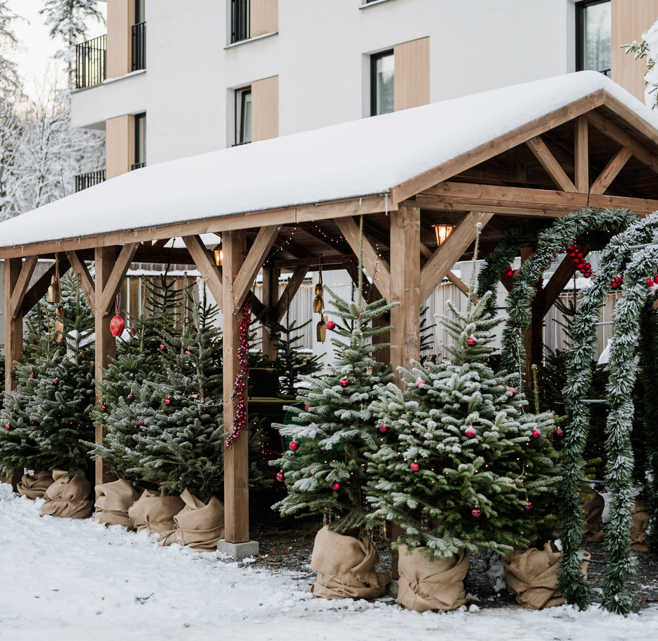Drewniana altana przy hotelu w śniegu, udekorowane choinki w jutowych workach, girlandy i lampiony.