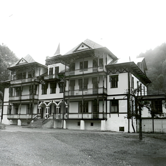 Zabytkowa górska willa z balkonami, łukowym wejściem i drewnianymi zdobieniami, położona wśród zalesionych stoków - spokojna przystań