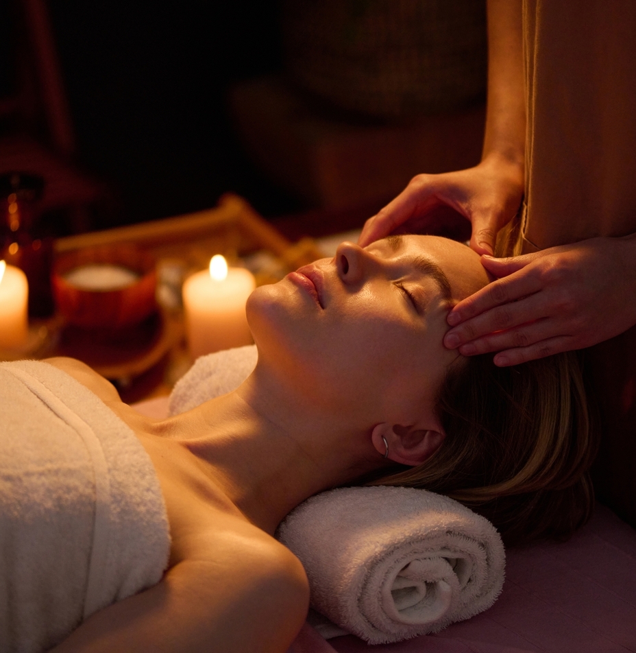 Relaksujący masaż głowy w przyciemnionym, świecowym spa, z podłożonym ręcznikiem i olejkami aromatycznymi