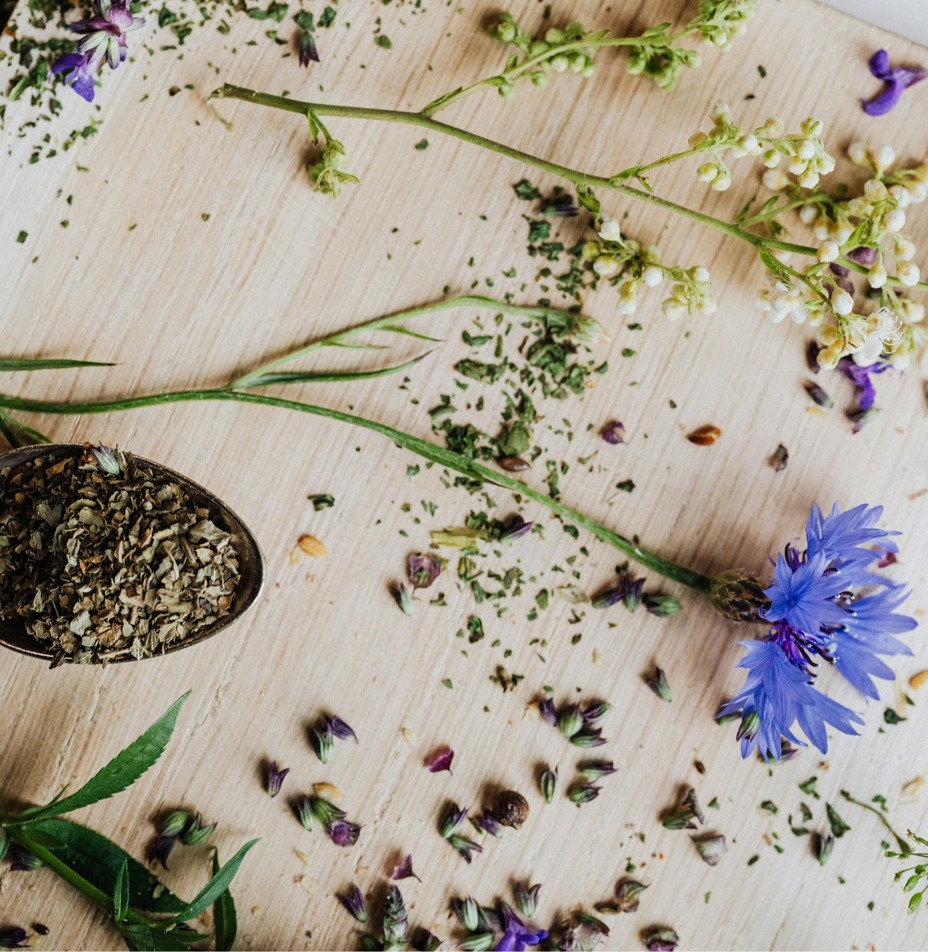 Suszone zioła w metalowej łyżce i porozrzucane polne kwiaty na drewnianej desce, idealne do herbaty ziołowej lub zabiegów spa.