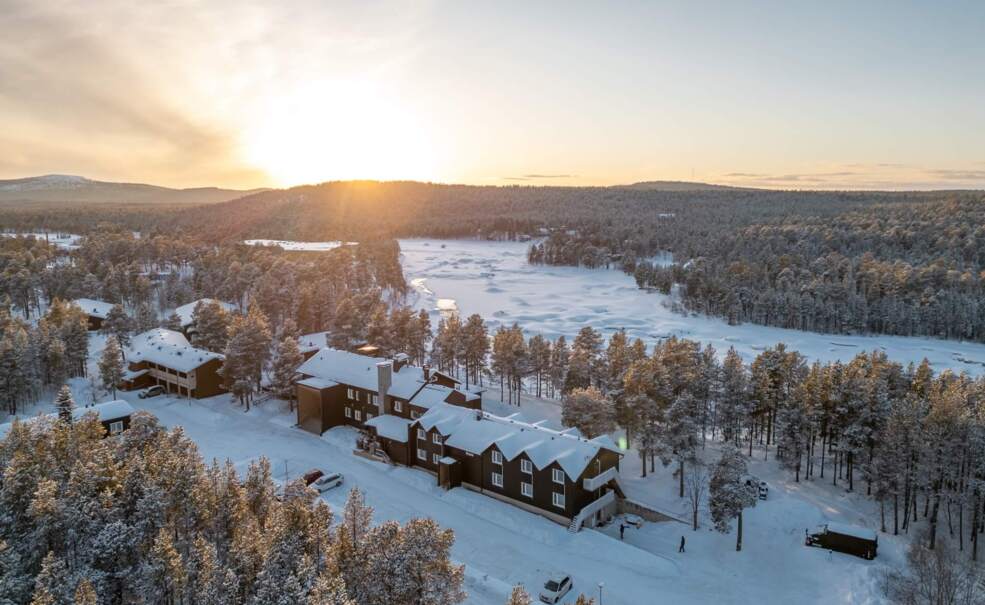 Wilderness Hotel Juutua in Finnish Lapland, Winter , drone view, Juutua river shore