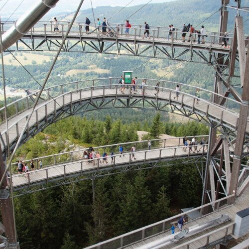 Widok na spiralny drewniano-metalowy chodnik z turystami spacerującymi wśród zielonych wzgórz i lasów.