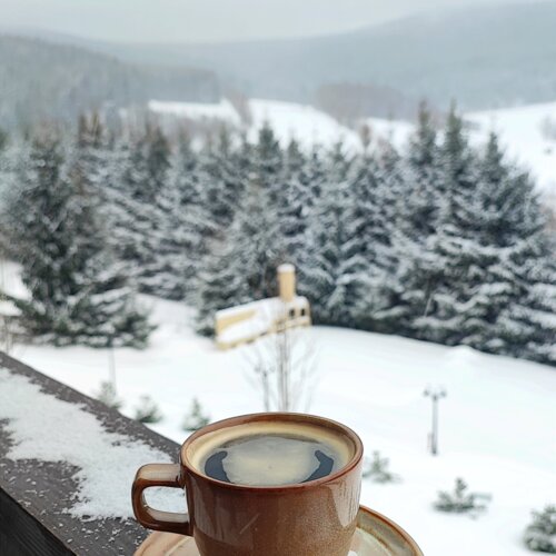 Kubek gorącej kawy na tarasie z widokiem na ośnieżony las i górski krajobraz w tle