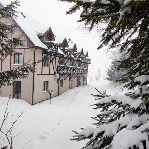 Górski hotel z balkonami, zimowy krajobraz z opadającym śniegiem i ośnieżonymi sosnami tworzy spokojną atmosferę
