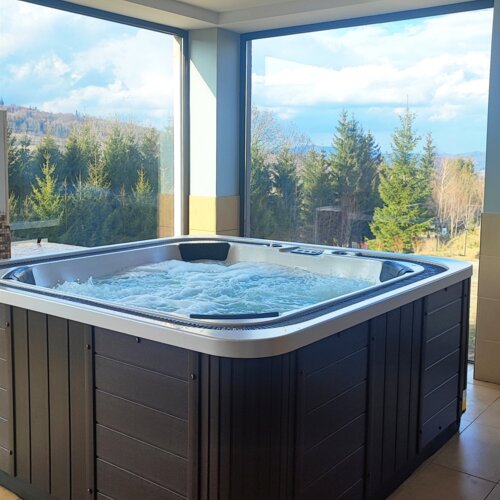 Przestronne jacuzzi w salonie z panoramicznymi oknami i widokiem na las i góry, idealne na relaks po dniu zwiedzania