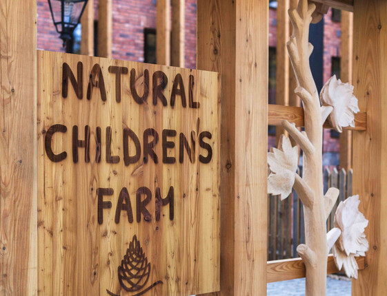 Wooden sign reading 'Natural Children's Farm' on a rustic timber frame with a carved floral wooden post