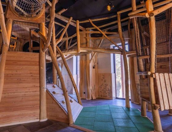 Indoor wooden kids' play area with treehouse climbing frames, rope nets, slide and soft green safety mats, mountain views.