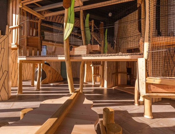 Indoor kids' play area with multi-level wooden climbing structure, safety netting and fish-shaped slide in warm sunlight