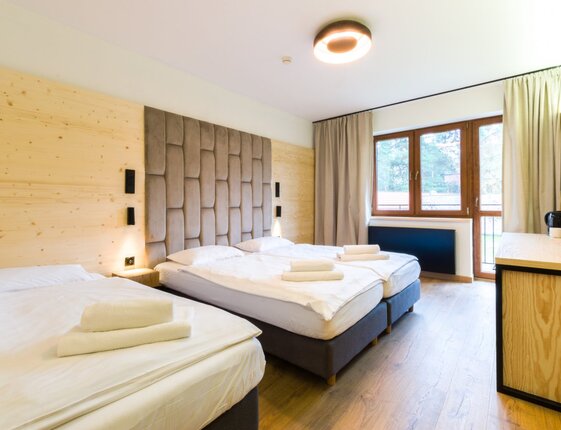 Triple room with three single beds, padded headboard, light wood walls, large window with tree view, kettle, wall TV and folded towels.