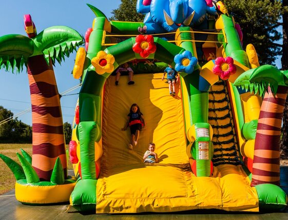 Colorful inflatable slide with tropical palm decorations and children sliding, family-friendly outdoor kids' play area at the resort.