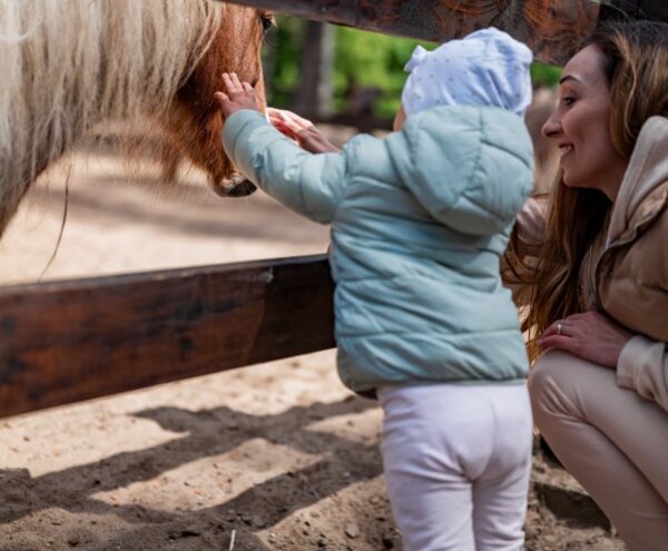 Dziecko głaszcze kucyka przez drewniane ogrodzenie, obok uśmiechnięta mama w rodzinnym mini-zoo