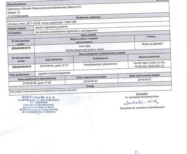 Raport laboratoryjny SGS dotyczący próbki wody z basenu ośrodka Zalesie, z datą 2018-09-20, z podpisem i pieczęcią, zawiera dane analityczne.