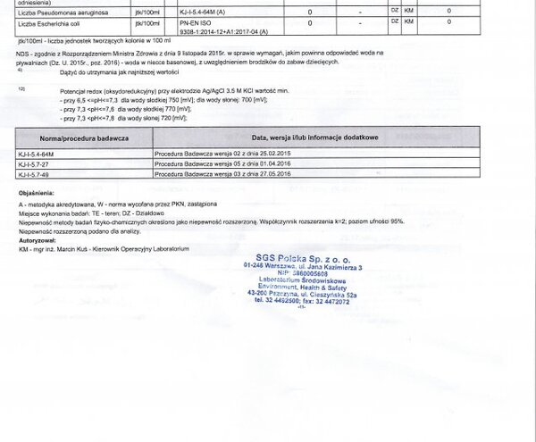Polski raport badań jakości wody – tabela parametrów i wyników, pieczęć laboratorium SGS Polska, data Pszczyna 24.09.2018