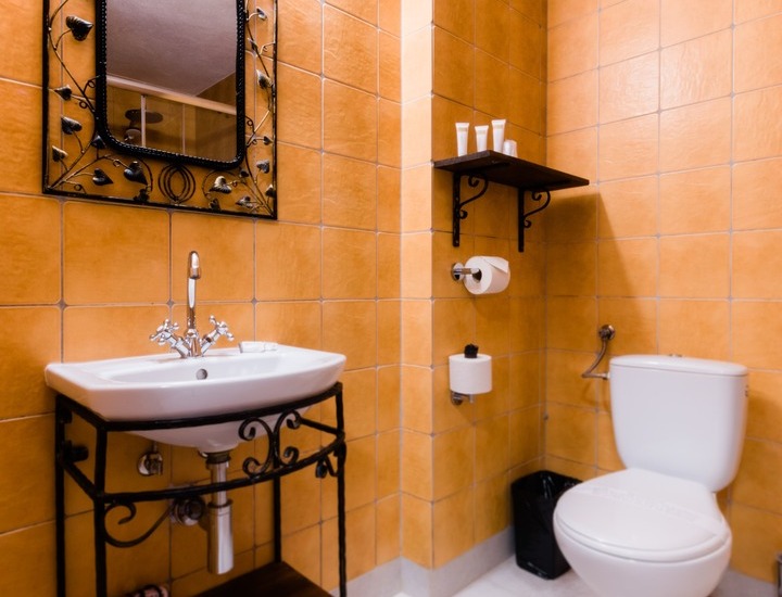 Łazienka w hotelu z ciepłymi terakotowymi płytkami, ozdobnym lustrem w metalowej ramie, umywalką na żelaznej podstawie, półką z kosmetykami i toaletą
