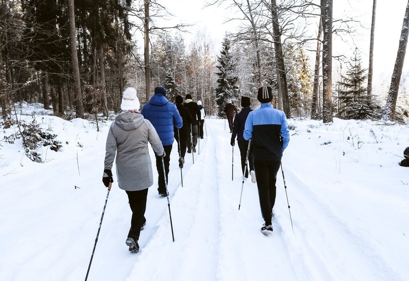 Grupa uprawiająca nordic walking z kijkami po zaśnieżonej leśnej ścieżce, w zimowych kurtkach i czapkach, spokojna atmosfera