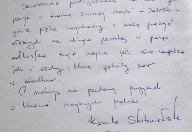 Ręcznie napisana notatka po polsku niebieskim atramentem na białym papierze, kursywne linie i podpis na dole