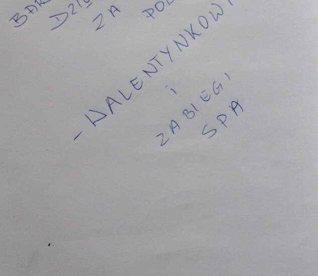 Ręcznie pisana notatka gości: podziękowanie za walentynkowy pobyt i zabiegi SPA, podpis 'Diesia i Jacek, Kartuzy'.