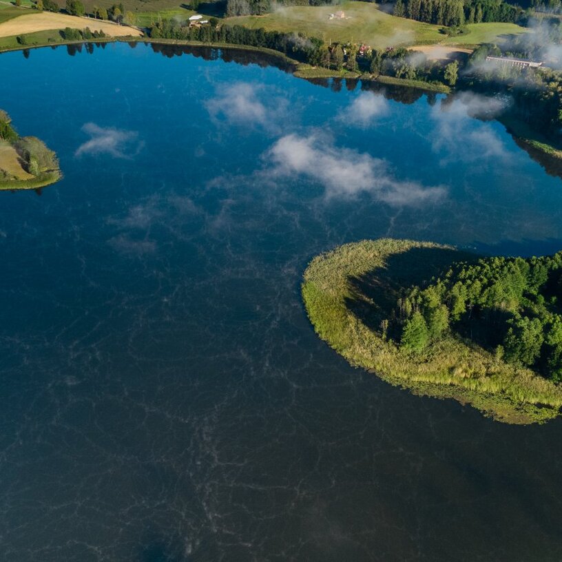 Aerial view of a tranquil blue lake with a tree-covered peninsula, grassy shoreline, small farmhouses and morning mist