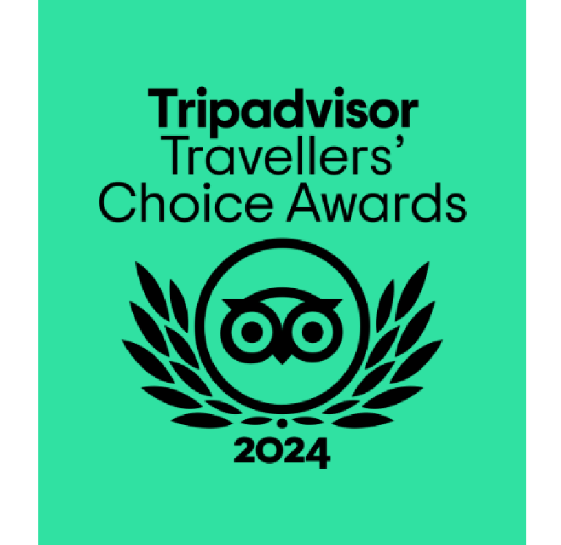 Odznaka TripAdvisor Travellers' Choice Awards 2024 z logo sowy w wieńcu laurowym na zielonym tle