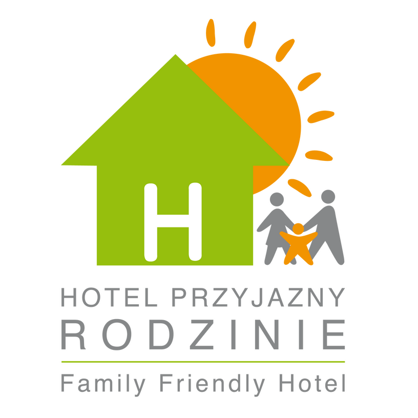 Green house with letter H, rising sun and family silhouettes — logo for a family-friendly hotel.