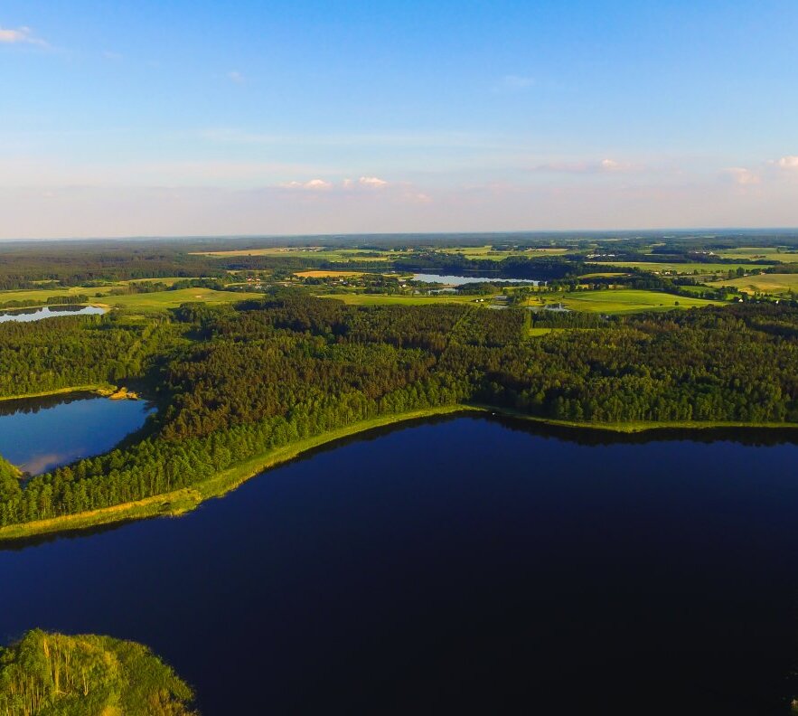 Aerial view of dark blue lakes bordered by dense pine forest and patchwork farmland under a clear blue sky