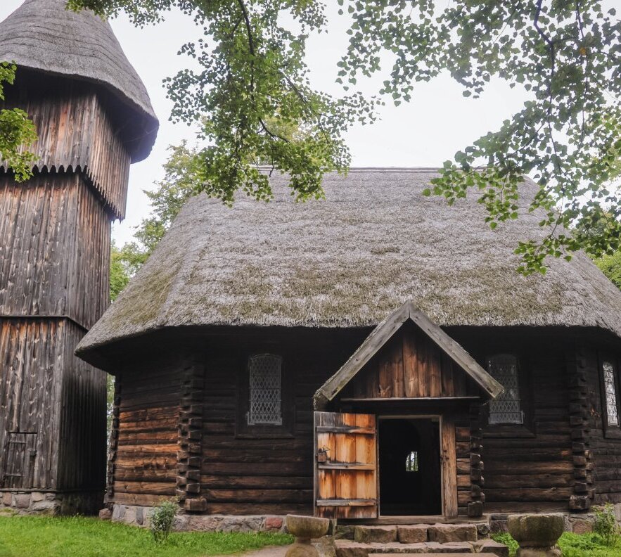 Thatched-roof wooden cottage with log walls and adjacent wooden tower, open door, stone steps, trees framing the scene