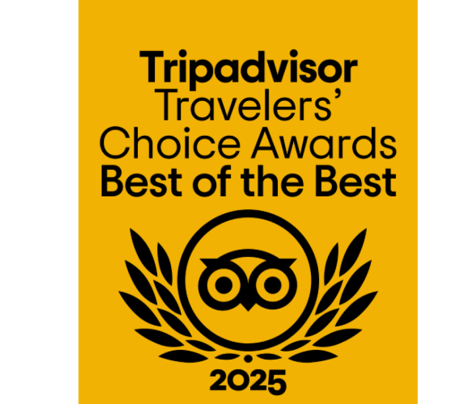 Odznaka TripAdvisor Travelers' Choice Awards „Best of the Best” 2025 z logo sowy i wianuszkiem laurowym na żółtym tle