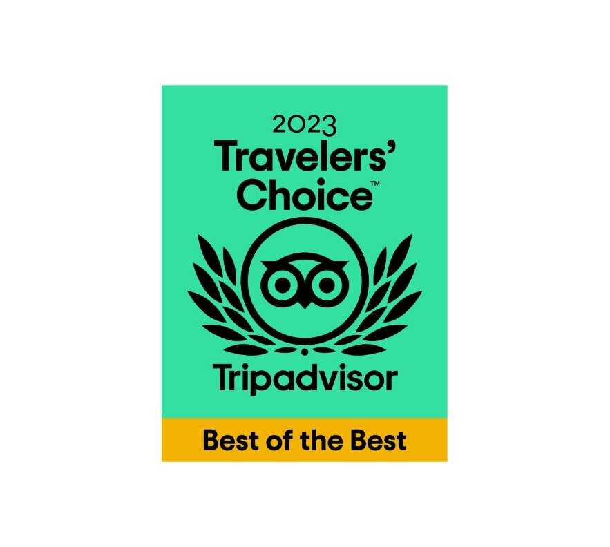 2023 Travelers' Choice TripAdvisor badge with black owl laurel logo on green background and yellow 'Best of the Best' band