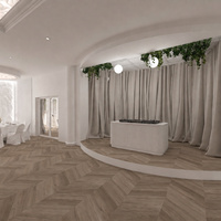 Elegancka sala bankietowa z okrągłym stołem z białymi pokrowcami, kwiatowym centrum, sceną z DJ, zasłony i dębowy parkiet