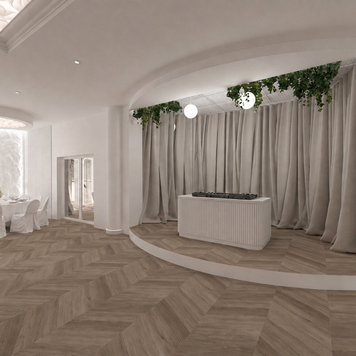 Elegancka sala bankietowa z okrągłym stołem z białymi pokrowcami, kwiatowym centrum, sceną z DJ, zasłony i dębowy parkiet