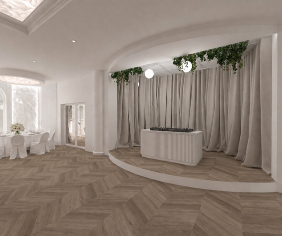 Elegancka sala bankietowa z okrągłym stołem z białymi pokrowcami, kwiatowym centrum, sceną z DJ, zasłony i dębowy parkiet