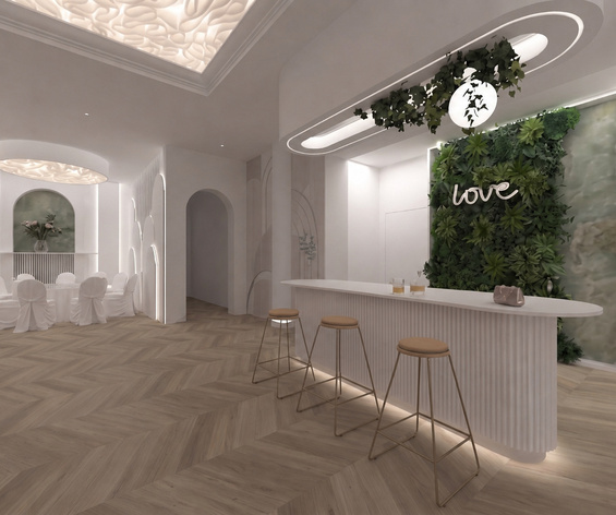 Elegancka sala eventowa z białym barkiem i trzema stołkami, zielonym panelem 'love', nakrytami krzesłami, miękkim oświetleniem i chevron podłogą.